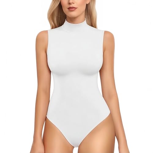RuiChy Ärmelloser Bodys für Damen Stehkragen Jumpsuit Oberteile Ausgehen Schmale Passform Casual Bodyss Leotard Clubkleidung(Weiß/L)