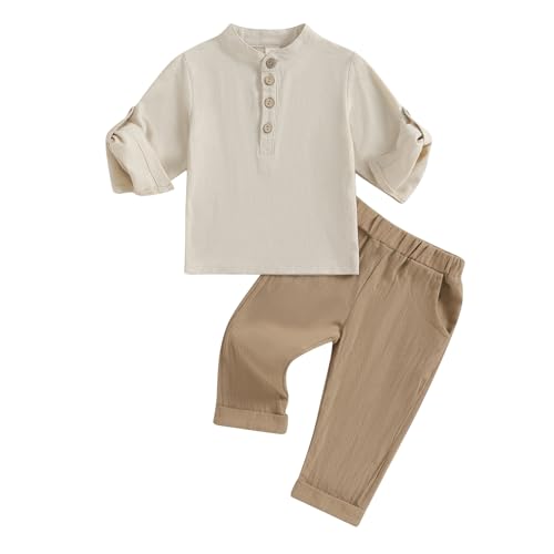 Yassiglia Baby Jungen Sommer Herbst Kleidung Set Baumwolle-Leinen Outfit Musselin Bekleidungssets für Kleinkinder Kurzarm Shirt und Lange Hose (Khaki, 110)
