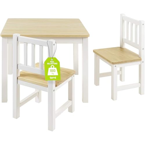 Bomi Kindersitzgruppe Holz Amy | Kindertisch mit 2 Stühlen | Tisch & Stühle Kinderzimmer Set | Spieltisch ab 1 Jahr | Kindertisch für drinnen | Maltisch & Basteltisch Kinder | Kindermöbel Weiß Natur