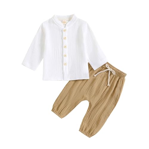Sommer Baumwolle Leinen Kleidung Set Baby Jungen Musselin Einfarbige Bekleidungssets Mädchen Weiche Lässig Outfit Kinder Babykleidung Zweiteiler Langarm Cardigan und Lang (Khaki, 12-18 Months)