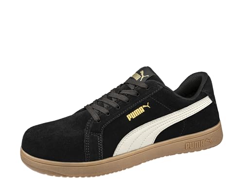 PUMA Safety Iconic Low S1PL Sicherheitsschuh – atmungsaktiv, metallfrei, vegan – rutschfeste Arbeitsschuhe mit Fiberglaskappe - Größe 44 – Damen & Herren Sicherheitsschuhe – schwarz, weiß