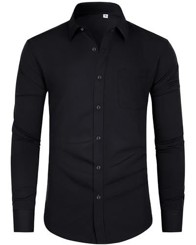J.VER Schwarzes Hemd Casual Business Stretch Comfort Fit Freizeit Langarmhemd Männer Hemden Bügelleichtes für Abende und Konzerte,Schwarz,L