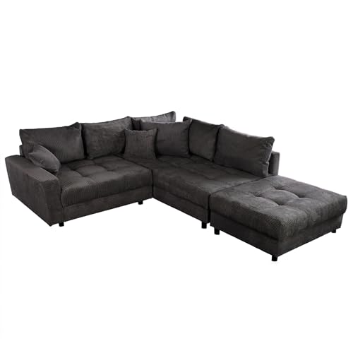 Riess Ambiente Modernes Ecksofa Kent 220cm dunkelgrau Cord inklusive Hocker Federkern Wohnlandschaft Sofa Couchgarnitur
