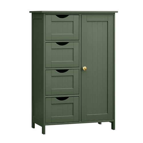 VASAGLE Badezimmerschrank, schmaler Badschrank, Beistellschrank, Kommode, mit 4 Schubladen, Schranktür, verstellbare Ablage, 30 x 55 x 82 cm, waldgrün LHC041C01