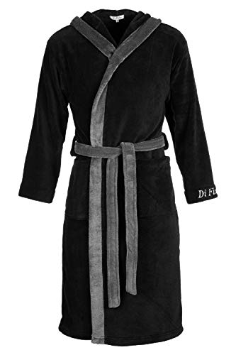 Di Ficchiano Herren Bademantel mit Kapuze – Frottee Saunamantel & Morgenmantel lang, weich & warm – Hausmantel Übergröße – Schwarz Grau – Größe 5XL