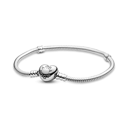 PANDORA Moments Schlangen-Gliederarmband mit Herz-Verschluss aus Sterling-Silber, kompatibel mit Charms und Anhängern aus der Moments Kollektion, Größe: 23cm