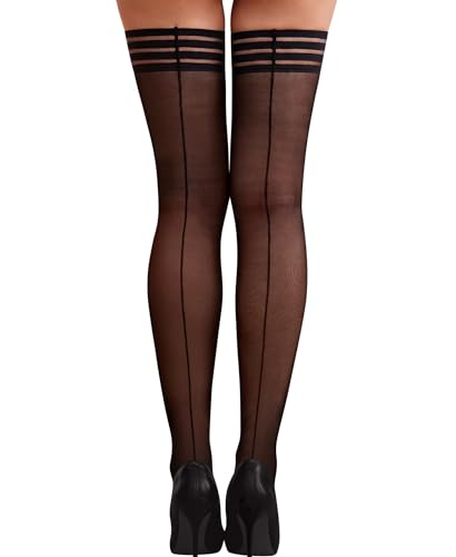 RSLOVE Halterlose Strümpfe Damen mit Rückennaht - Strapsstrümpfe Stay Ups Vintage Strumpfmode 40 DEN Einheitsgröße Schwarz
