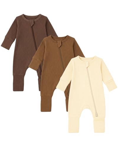 JiAmy Baby Schlafanzug 2er-Pack Neugeborene Baumwolle Langarm Zip Strampler mit Füßen Bekleidung für Baby Junge Mädchen 0-3 Monate Braunes Set