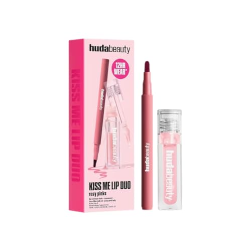 Huda Beauty Kiss Me Lip Duo Rosy Pinks Set, Limitiertes Lippen-Duo mit Lipliner und Lippenöl, Rosa Töne, 12 Stunden Halt, Originalgröße