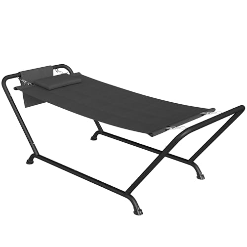 Outsunny Hängematte mit Gestell 237 x 90 cm Stabhängematte mit Seitentasche, Kopfstütze Metallrahmen bis 150 kg Hängematte für Indoor & Outdoor Garten Balkon Terrasse Dunkelgrau