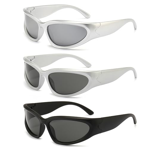 FOSDICK 3 Stück Sonnenbrille Herren Damen, y2k Futuristische Sonnenbrillen, Leichtgewicht Wrap Around UV400 Sunglasses, Polarisierte Sportbrille, Rechteckige Rave Brille, Trendy Retro Fahrrad Brille