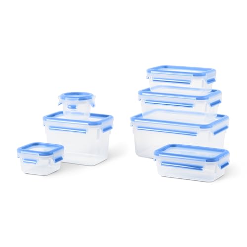 EMSA Clip & Close Frischhaltedosen-Set, 0,15 u. 0,2 u. 2 x 0,55 u. 1,1 u. 1 u. 2,2 L, mit Deckel, Aufbewahrungsboxen, 100 Prozent dicht, spülmaschinen-, gefrier-, mikrowellenfest, Blau, N10316