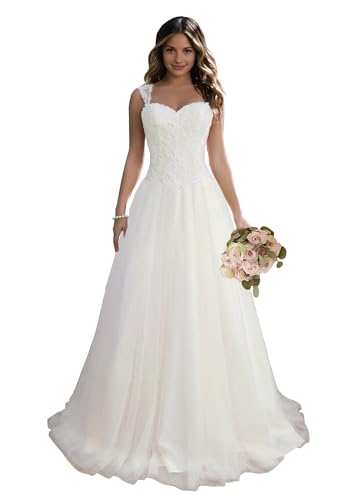 JAEDEN Brautkleider A-Linie Lang Hochzeitskleider Prinzessin Brautmode Tüll Herzausschnitt Weiß 38