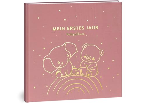 Mein erstes Jahr Babyalbum - Hochwertiges Leinenbuch mit Goldprägung für die schönsten Erinnerungen - Babybuch zum Eintragen für das erste Lebensjahr - Baby Geschenk zur Geburt (Regenbogen Rosé)