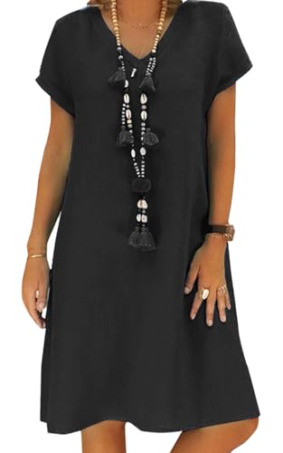 Tincini Sommerkleid Damen Leinen Kleider Casual V-Ausschnitt Midikleid Kurzarm A-Linie Kleid Strandkleid Ohne Zubehör (A Schwarz, XXL)