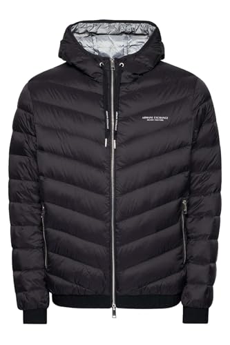 Armani Exchange Men's Hooded Quilted Down Milano/New York Logo Zip-up Jacket,Grey, Medium