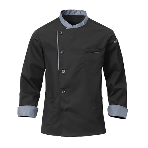 CoXuantion Herren Kochjacke Langarm Unisex Kochbekleidung Slim Fit Chef Uniform Modern Style Professional Kochjacke Cafe Bäckerjacke mit Knöpfe XL,Schwarz