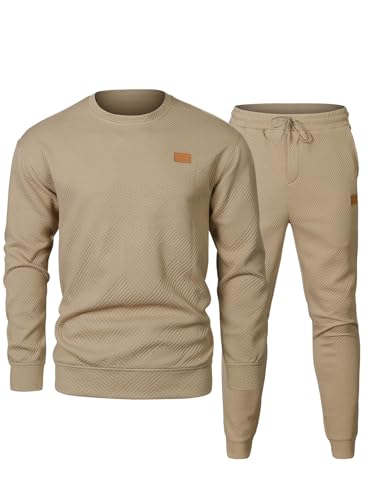 Elegancity Trainingsanzug Herren 2-Teiliger Jogginganzug Sets Casual Jogginghose Herren Lang und Rundhals Sweatshirt Set Sportanzug Tracksuit,Khaki XL