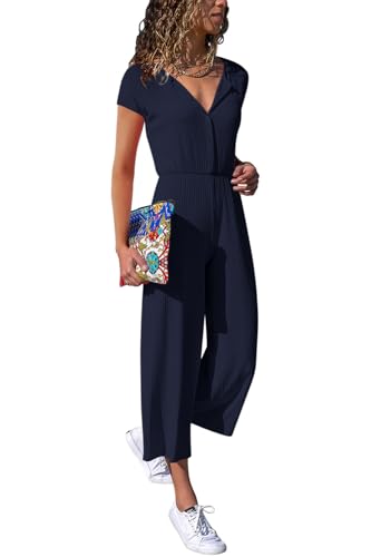 Cassiecy Jumpsuit Damen Elegant Kurzarm Playsuit V-Ausschnitt Casual Lose Overalls Lang Romper(Marineblau,M)