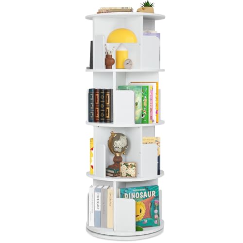 labebe Drehbares Bücherregal 360 Grad, Holz-Eck-Bücherregal, 4-stöckiges drehendes Bücherorganisator, Aufbewahrungsregal Organisator, weiß