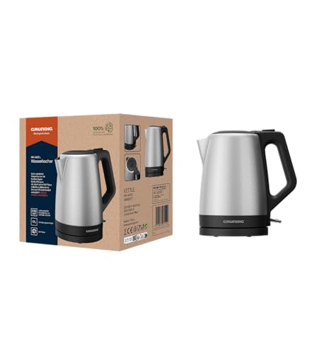 Grundig WK 4420 L Wasserkocher, 2.200 W Leistung, 1,7 l, Kabelaufwicklung, automatische Abschaltung, verdecktes Heizelement aus Edelstahl,für Rechts- sowie Linkshänder, Edelstahl/Schwarz