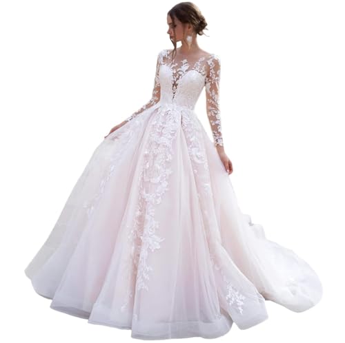 IUYRESX Abendkleider,Spitzenapplikationen Brautkleider A-Linie Standesamt Lange Ärmel Brautkleid Hochzeitskleid Für Die Braut Mit Zug Weiß 40