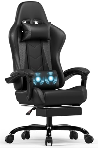 Devoko Ergonomischer Gaming Stuhl mit Massagefunktion und ausziehbarer Fußstütze, verstellbare Rückenlehne 90-135°, Komfortabler Bürostuhl für Home Office, Computersessel 150kg Belastbarkeit, Schwarz