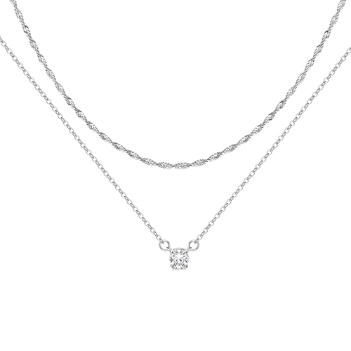 LOLIAS 2 Stück Halskette Damen Silber 925 Layering Kette Wasserfest Silberkette CZ Münze Anhänger Schmuck