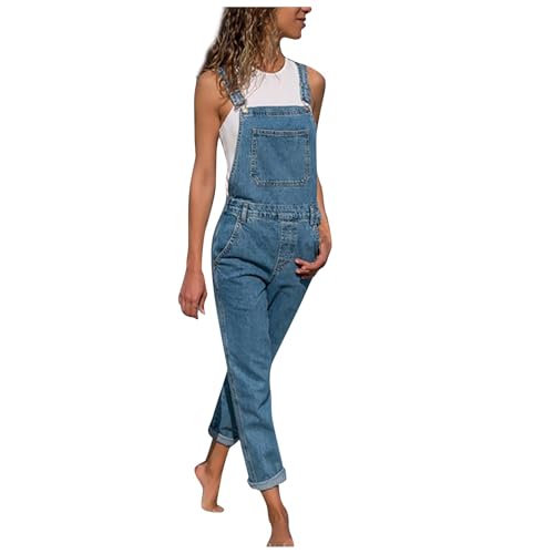 Denim Latzhose für Damen, Lässige Stretch Jeans Overalls mit Taschen Retro Denim Overalls Casual Straight Wide Leg Bib Jeans Verstellbare Träger Loose Fit Baggy Jumpsuit