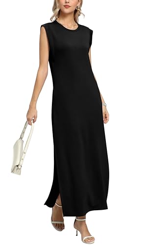 WUWUSKY Damen Maxikleid ärmellos mit Rundhals und Seitenschlitz – Elegantes lässiges Kleid mit Zwei Taschen,schwarz,M
