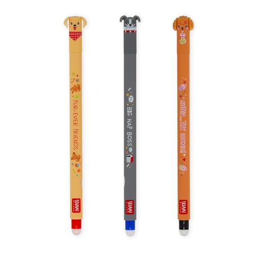 LEGAMI - 3er Set Gel-Löschstifte, Fur-ever Friends, Stifte mit wärmeempfindlicher Löschtinte, Schwarz, Blau, Rot, Löscht ohne das Blatt zu verbrauchen, 0,7 mm Spitze