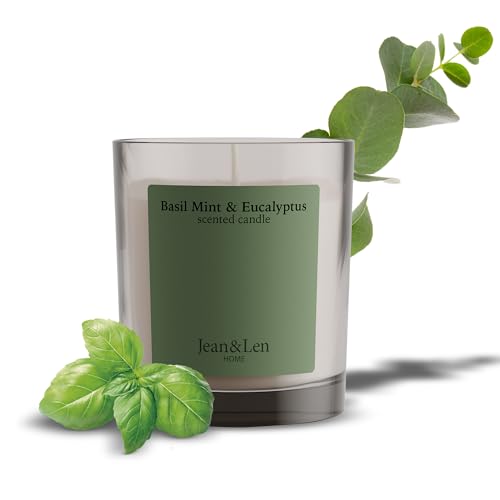 Jean & Len Scented Candle Basil Mint & Eucalyptus, hergestellt mit Sheabutter, Brenndauer ca. 40 Stunden, minimalistisches Design, erfrischender Duft, vegan, 195 g
