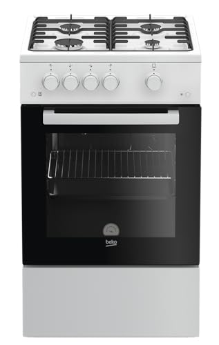 Beko FSG52010FW Freistehender Gasherd, Gasbackofen mit Gaskochfeld, 50 cm, 4 Kochzonen, Gasbackofen mit Elektrozündung und Innentemperaturanzeige, herausnehmbares Innenglas, Weiß