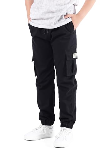 NATUST Jungen Cargohose Kinder Freizeithose Jogginghose Jungs Cargo Hose mit Elastischem Bund Schwarz 128-134