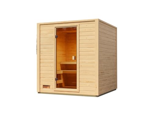 Karibu Gartensauna 195,6x189,9x212,4cm│Außensauna aus Fichte│mit bronzierter Glastür & 2 Liegen│Fronteinstieg│Massivholz│9kW Saunaofen mit EXT. Steuerung & Saunasteine│für 2–4 Personen + Boden