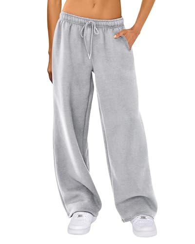 Felcia Damen Freizeit Jogginghose Sweatpants Kordelzug Hohe Taille Weite Bein Hosen Baggy Athletische Sweatpants, A-grau, S