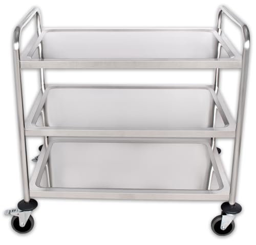 Beeketal 'BSW-3' Edelstahl Servierwagen Transportwagen mit 3 Böden und Rundrohrgestell (belastbar bis 480 kg), kugelgelagerte Vollgummi Rollen (2X bremsbar) - Maße (L/B/H): ca. 980 x 550 x 910 mm