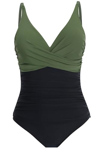 LA ORCHID einteiliger Badeanzug bademode v Ausschnitt Damen Badeanzug bauchweg Push up Bademode Swimsuit high Waist Schwimmanzug Dunkel Grün mit schwarz XXL