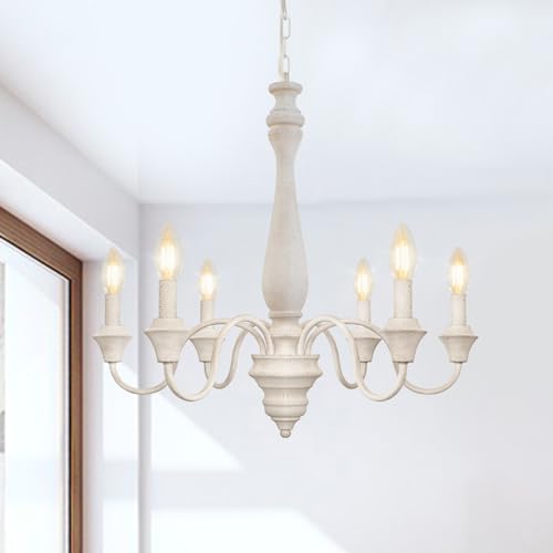 KMaiPem Modern Weiß Kronleuchter, 6 Lichter Holz Vintage Landhaus Chandelier, Höhenverstellbarer Französische Eisen Bauernhaus Hängelampe Wohnzimmer, Schlafzimmer, Esszimmer, Flur