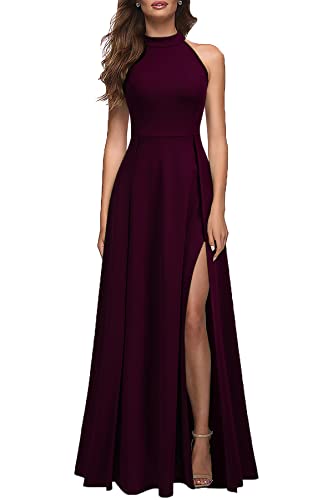 MUSHARE Damen Neckholder Sexy Split Cocktail Party Maxi Langes formelles Kleid, Burgunder, Mittel