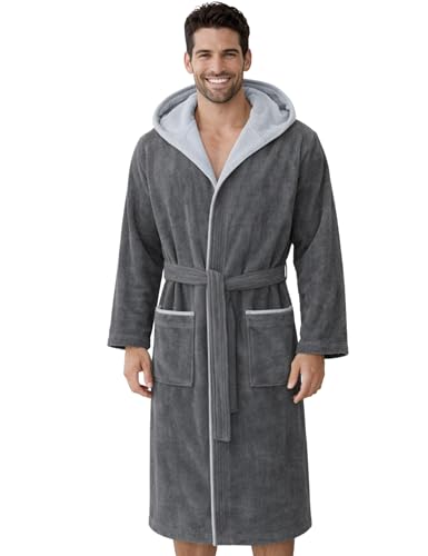 Morgenstern Bademantel Herren Kapuze 100% Baumwolle Frottee OEKO-TEX Velours Morgenmantel Lang Finn Anthrazit/Hellgrau XL