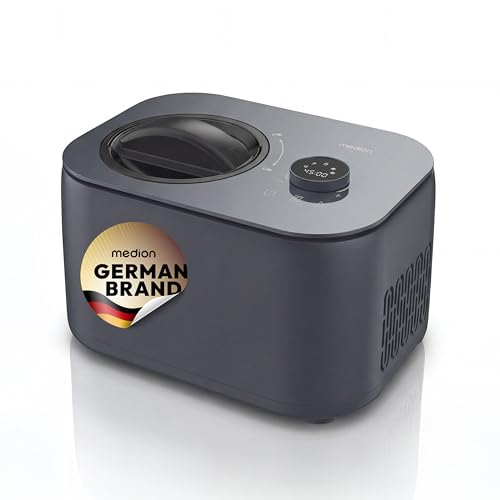 MEDION Eismaschine, Kapazität für 1 L Eis, kein Vorkühlen notwendig, LED-Display mit Sensor-Touch, entnehmbarer Aluminium-Eisbehälter, geeignet für die Zubereitung von Eiscreme, Joghurt und Slush Eis