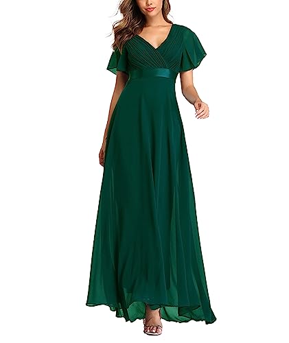 ECDAHICC Damen Abendkleider Gürtel V-Ausschnitt Hohe Taille A-Linie Chiffon Brautjungfernkleid Elegant Lang Ballkleid(GR,L)
