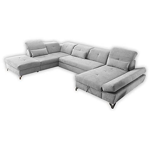 Stella Trading MELFI Wohnlandschaft in U-Form, Stoffbezug Silber - Ausziehbares Sofa mit Schlaffunktion & Bettkasten - 350 x 73 (96) x 245 cm (B/H/T)