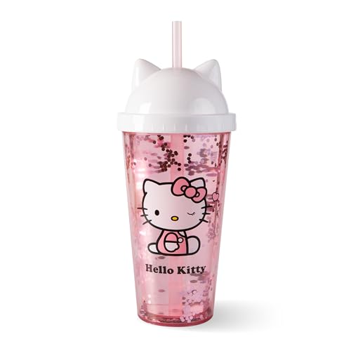 Hello Kitty Trinkbecher Kinder mit Deckel und Strohhalm 425 ml - BPA-frei, kohlensäuregeeignet - großer Strohhalmbecher für kalte Getränke - Kinderbecher für Schule und Kindergarten