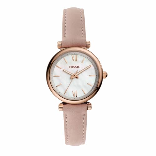 Fossil Damenuhr Carlie Mini, Quarzwerk, 28mm Rose Gold Edelstahlgehäuse mit Lederarmband, ES4699
