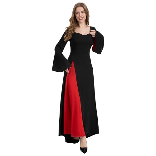 rumnigh Damen Vintage Gothic Hexenlanges Kleid Schwarz Rot Langarm Samt Abendkleider für Halloween Karneval Cocktailparty (DE/NL/SE/PL, Alphanumerisch, S, Regular, Regular, Schwarz und Rot)