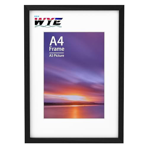 wyewye A4 Bilderrahmen 21x29,7 cm Holz mit A5 / 14x20 cm Passepartout - Rahmen für Tischplatte oder Wandbehang - Schwarzer Posterrahmen mit Plexiglasfenster