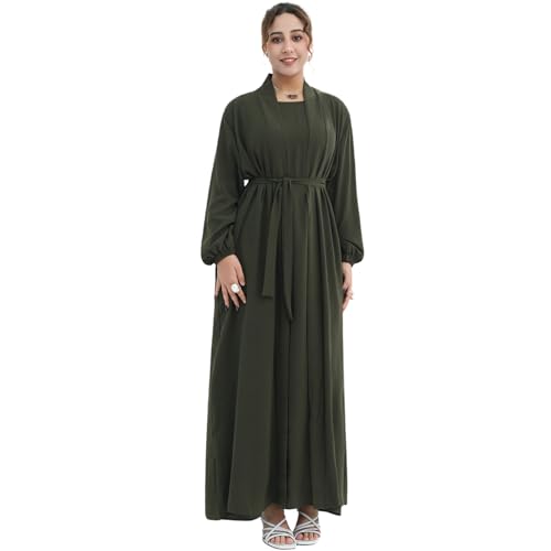 Zofocy Elegant Muslim Two-Piece Long Abaya - Belted Design, Side Pockets, Islamic Prayer Dress, Women Eid Clothes