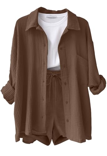 Yutdeng Zweiteiler Damen Sommer Musselin Bluse Shorts 2 Teiler Leinen Hemd Hosenanzug Elegant Lounge Set Leicht Loungewear Anzug Two Piece Freizeitanzug Aesthetic Clothes Strand Outfit Women Kleidung